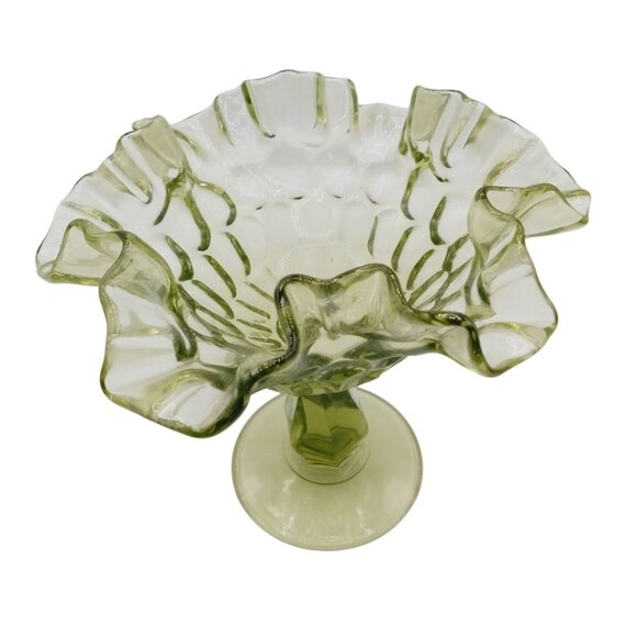 Vintage Fenton Glass Candy Dish Pedestal Green Thumbprint Ruffle Rim Compote 6" - Picture 3 of 15